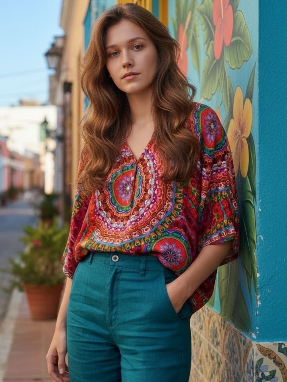 Pookie & Sebastian psychedelic silk colorful top m